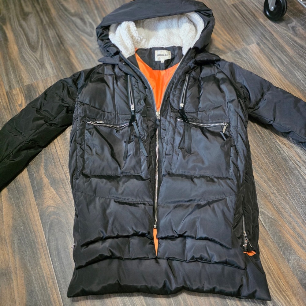 Orolay Women Thickened Down Jacket Black Puffer Hooded Coat Orange Lining Small